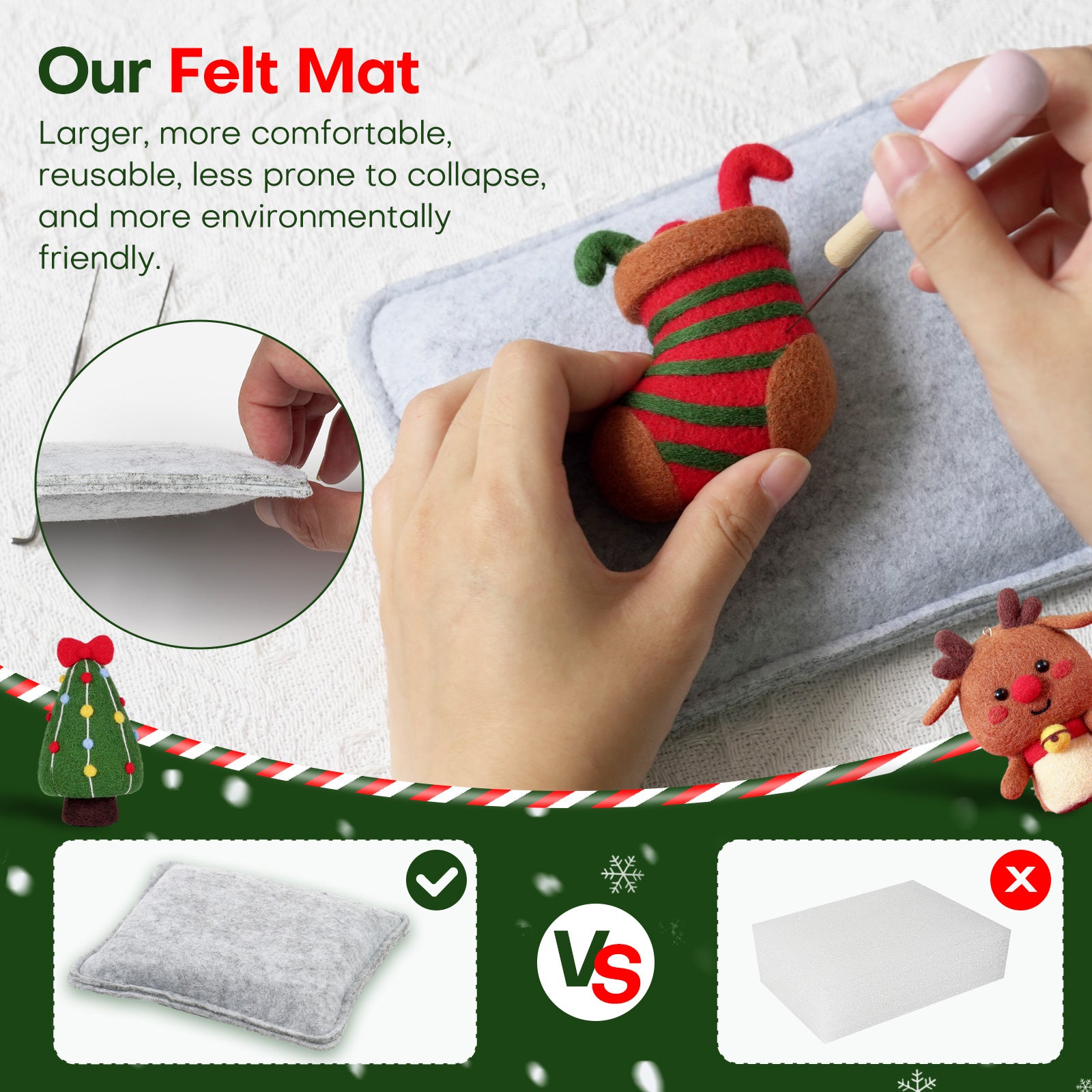 Christmas Tree, Stocking, Gingerbread man and Santa Needle Felting Kit. Wizardi DIY Wool Craft Kit F07N8-Z-10