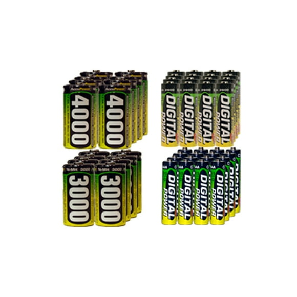 16 AA (2600 mAh) + 16 AAA (1200 mAh) + 8 C (3000 mAh) + 8 D (4000 mAh) NiMH AccuPower Batteries