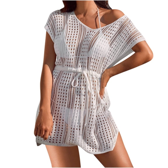 Danhjin Women Summer Swimsuit Cover up Dress Lightweight Hollow out Fashion Beachwear Bikini Swimwear Bathing Beach Activity Casual Short Sleeve Coverups