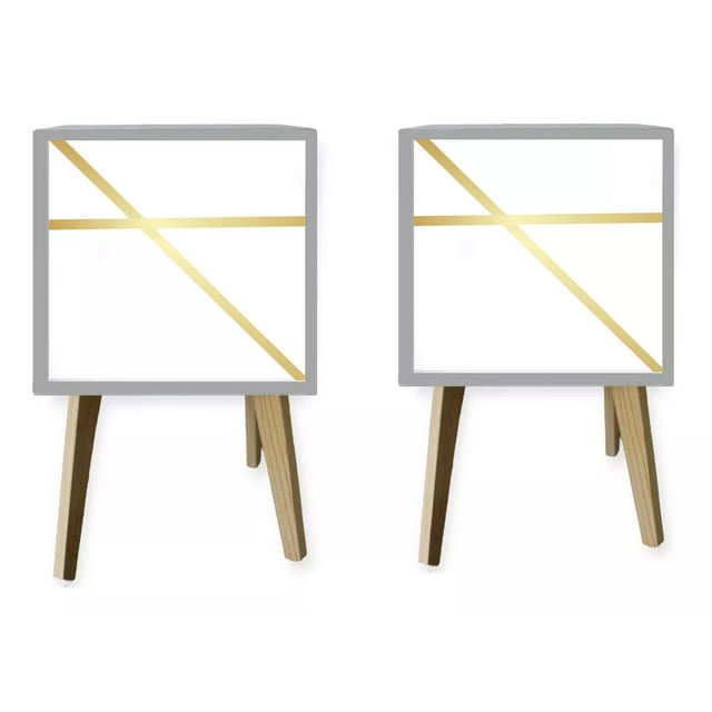 Kit 2 Buro Mesa Noche Lineas doradas Color Blanco Dorado