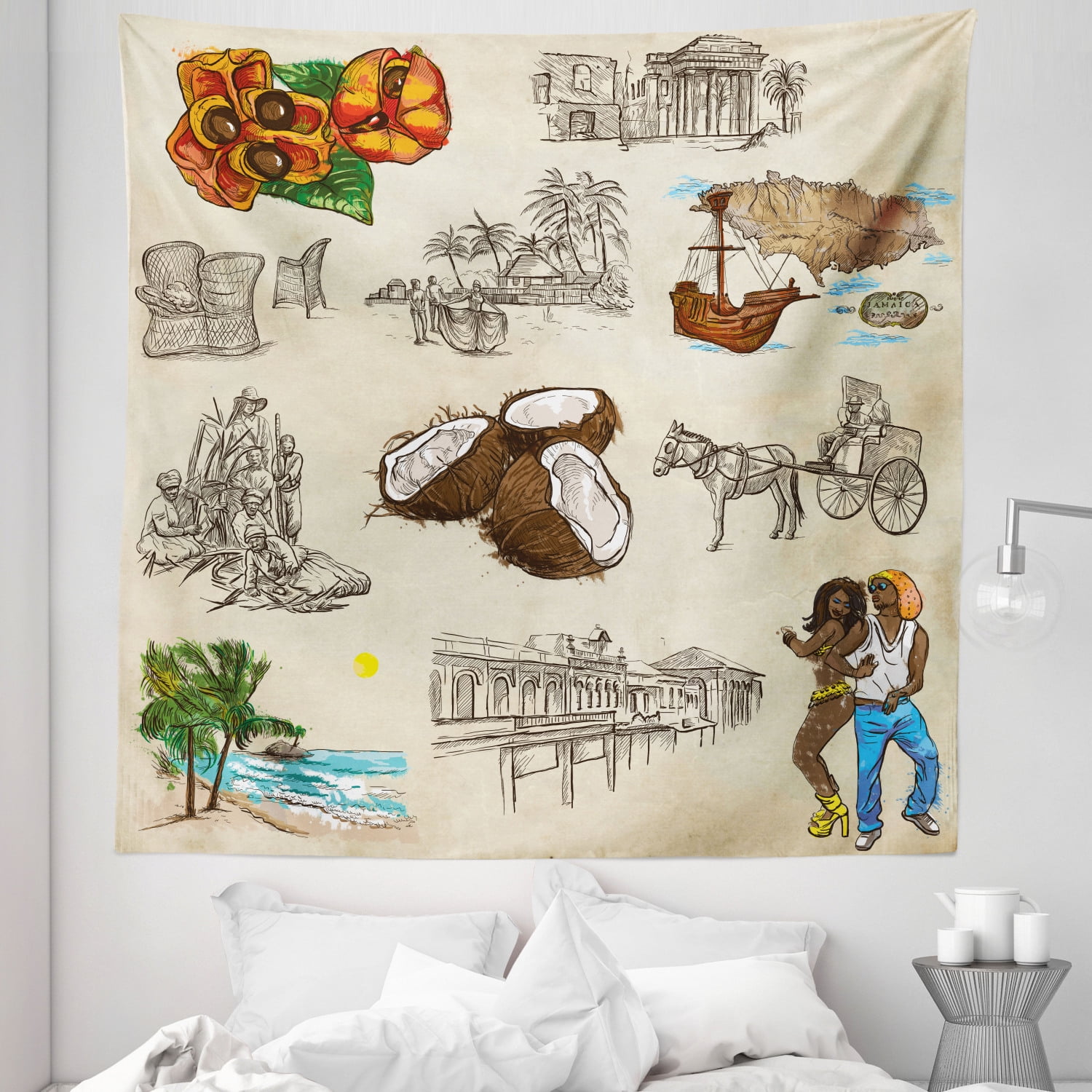 Jamaican Tapestry, Hand Drawn Illustrations of Elements from Caribbean Cultures Old Paper Effect 