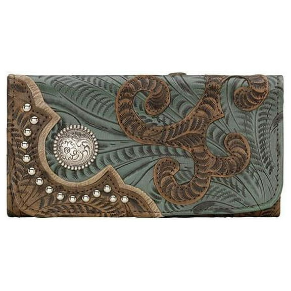 American West 8983282 Annies Secret Collection Ladies Tri-Fold Wallet, Distressed Charcoal Brown, Turquoise & Sand