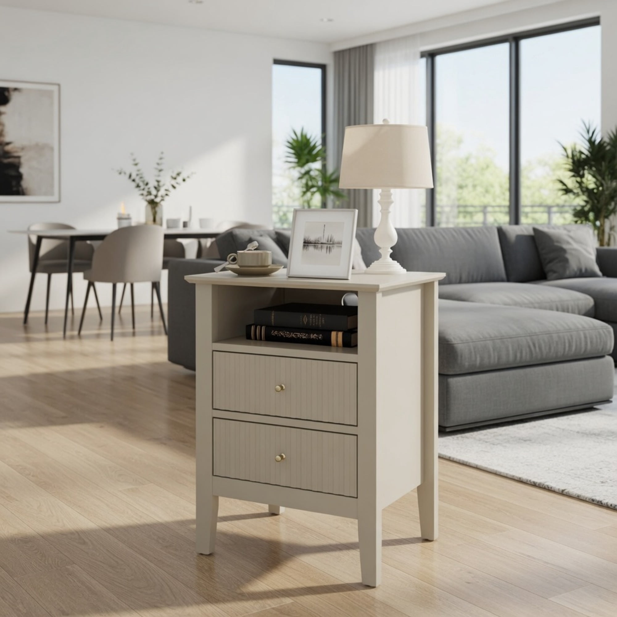 18" Beige Fluted Nightstand with 2 Drawers - Modern Bedroom Sofa Side Table