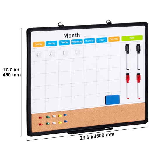 24"x 18"Monthly Calendar Whiteboard&Cork Board Combo with Aluminum Frame –2-in-1 Magnetic Dry Erase Bulletin Board for Wall Mount –Ideal for School,Home,Office