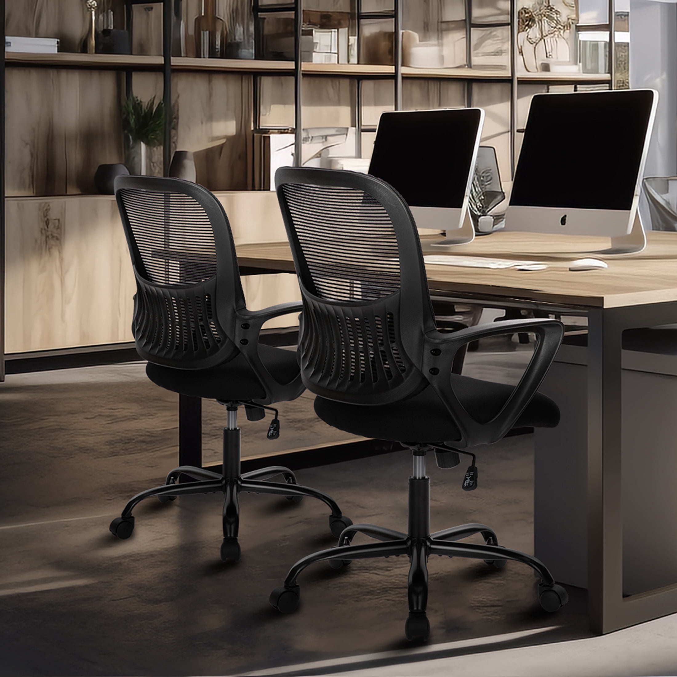 JOINSUN Desk Office Chair, Ergonomic Mid-Back Mesh Wheelchair with Wheels, Comfortable Lumbar Support, Comfortable Armrests for Home, Bedroom, Black