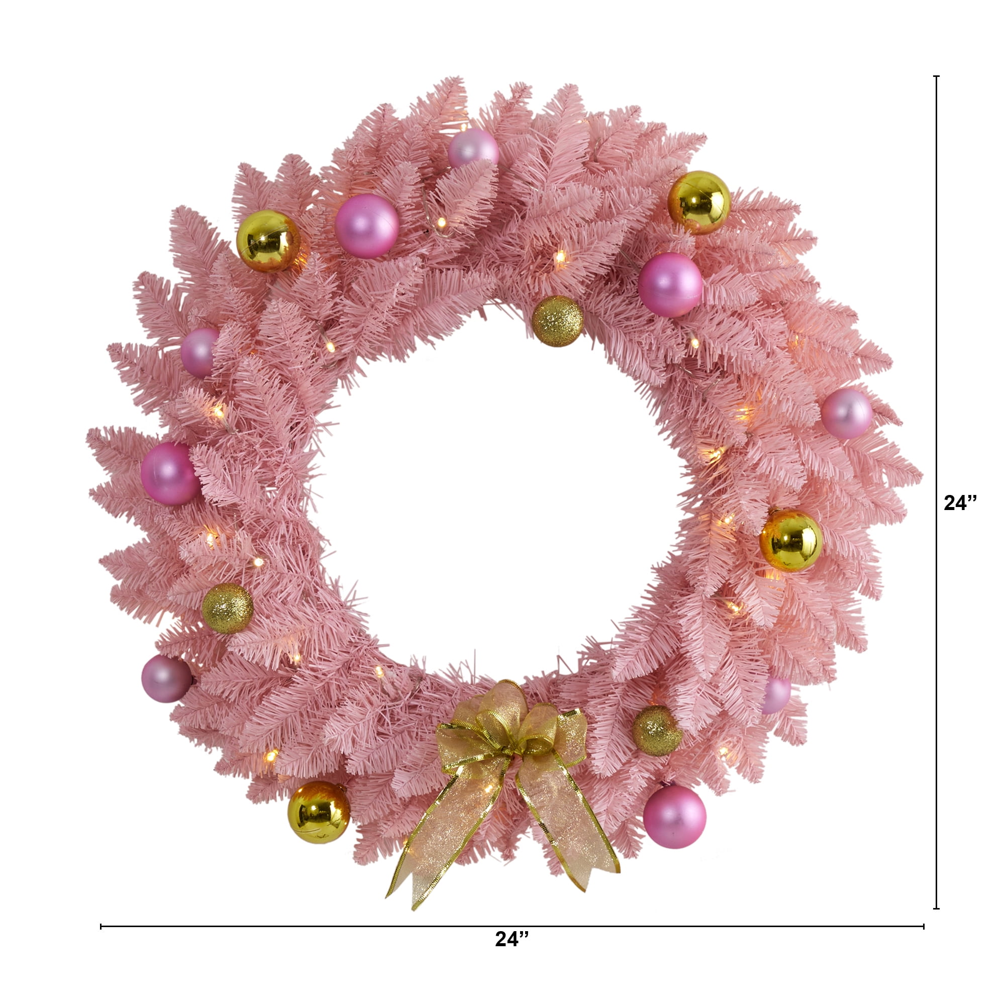 Nearly Natural 24" Pink Artificial Christmas Wreath with 35 LED Lights and Ornaments