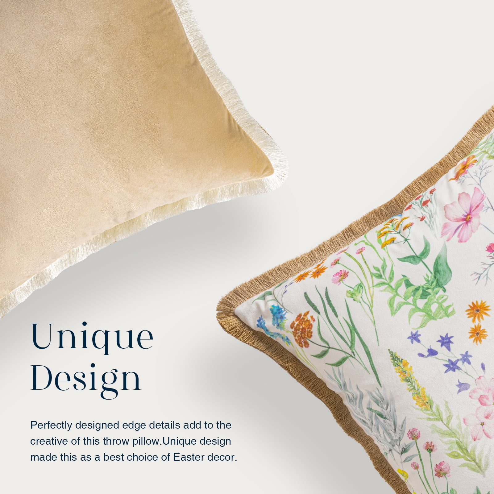 Happy Easter Throw Pillow Tassel Trimmed Printed Colorful Flowers and Rabbits Decorative Easter Pillows, 18" x 18", Beige, 2 Pack