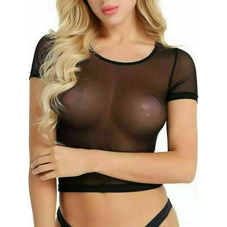 Yolossia Womens Sexy Mesh Sheer Crop Top Nightwear Lingerie Babydoll Underwear T Shirt