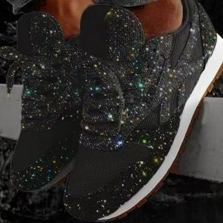 

JERDAR Running Shoes Womens Women s Fashion Solid Color Sequined Platform Sports Large Size Lacing Shoes Shoes for Women Black 42