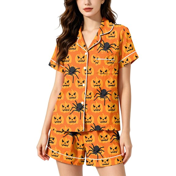 Summer Sales Under $8 CNJKEHIUV Halloween Pajama Sets for Women 2 Piece Cute Pumpkin Print Set Sleepwear Orange M