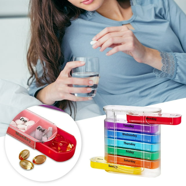 Fiudx Caja de Plástico Portátil con Cajón, Organizador de 28 Compartimentos, Funda de Fibra de Paja Natural, Pastillero, Ideal para Viajes, Recordatorio de Medicación para Personas Mayores, Material