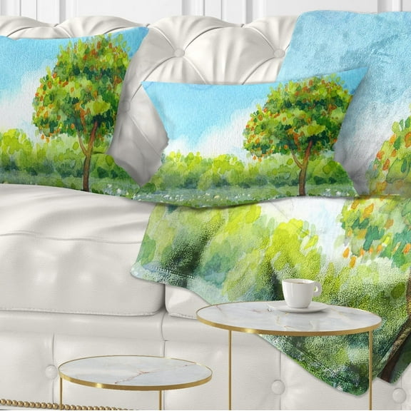 Designart Tree in Spring - Watercolor Painting Landscape Printed Throw Pillow - 12x20