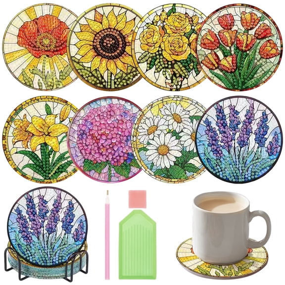 8 PCS Flowers Diamond Art Coasters Kits, Diamond Painting Coasters with Holder Set of 8, DIY Drink Coasters Art Crafts Supplies for Adults Cup Mat for Home Decor House Warming Gifts Non-Slip 3.82inch