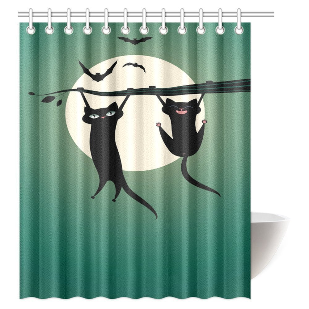 MYPOP Two Black Cats Hanging on a Branch Fabric Bathroom Decor Shower
