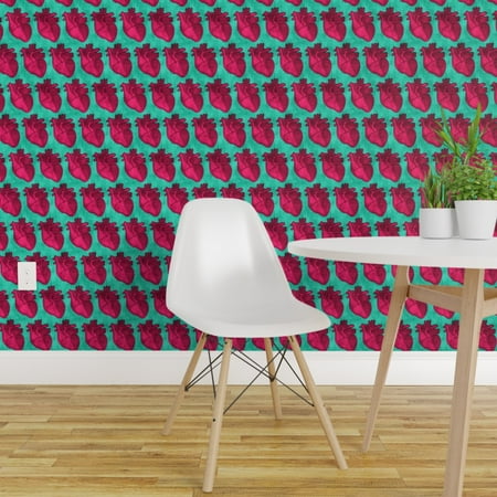 Removable Water Activated Wallpaper Anatomical Hearts Pink Green Medical Science