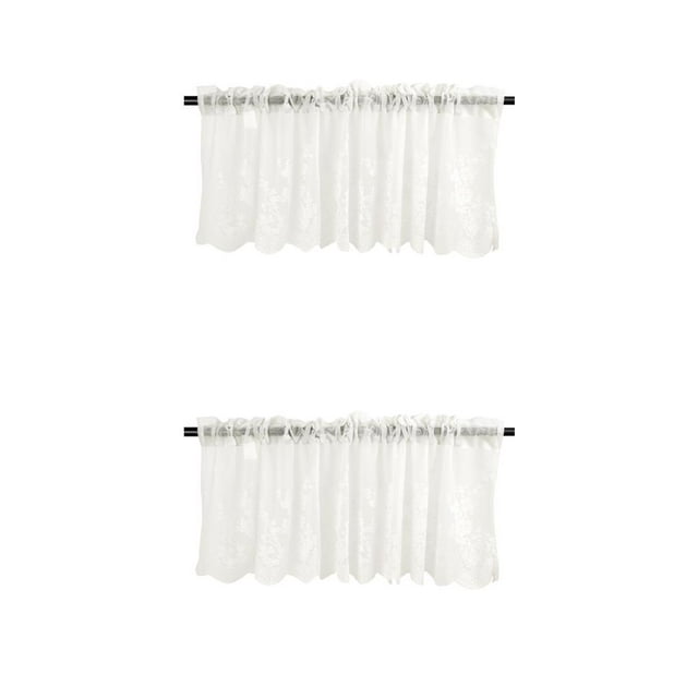 stanreset Embroidered Lace Flower Home Window Voile Sheer Valance Cafe Tiers Curtains Beige 130x41 2Set