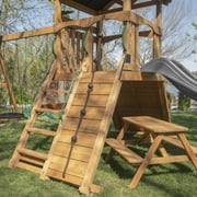 Backyard Discovery Endeavor II Cedar Wood Swing Set, Slide, Play Deck, Double Rock Wall