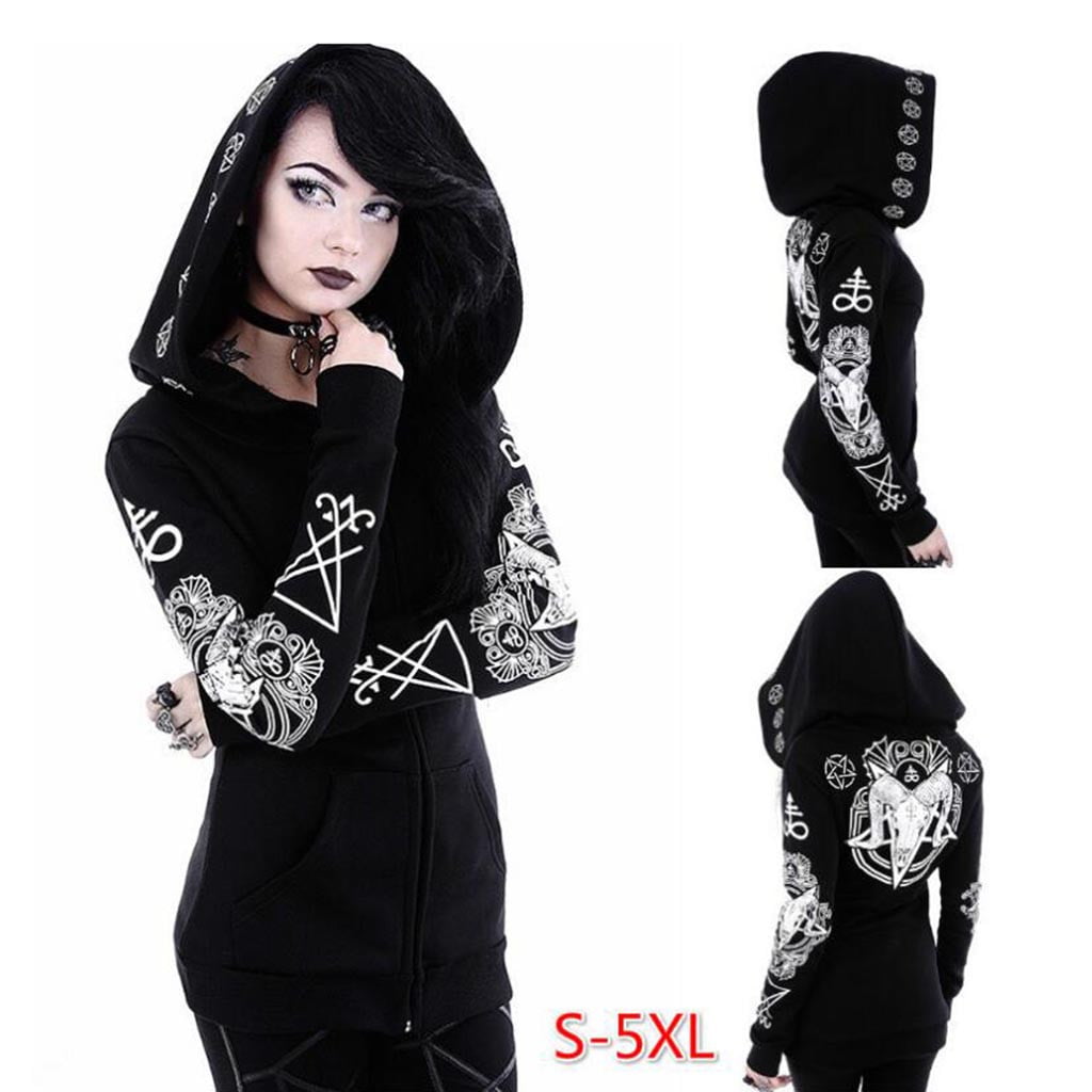 Women Gothic Jacket Punk Zip-up Witchcraft Moon Print Long Sleeve Black Hoodie Cardigan Coat 