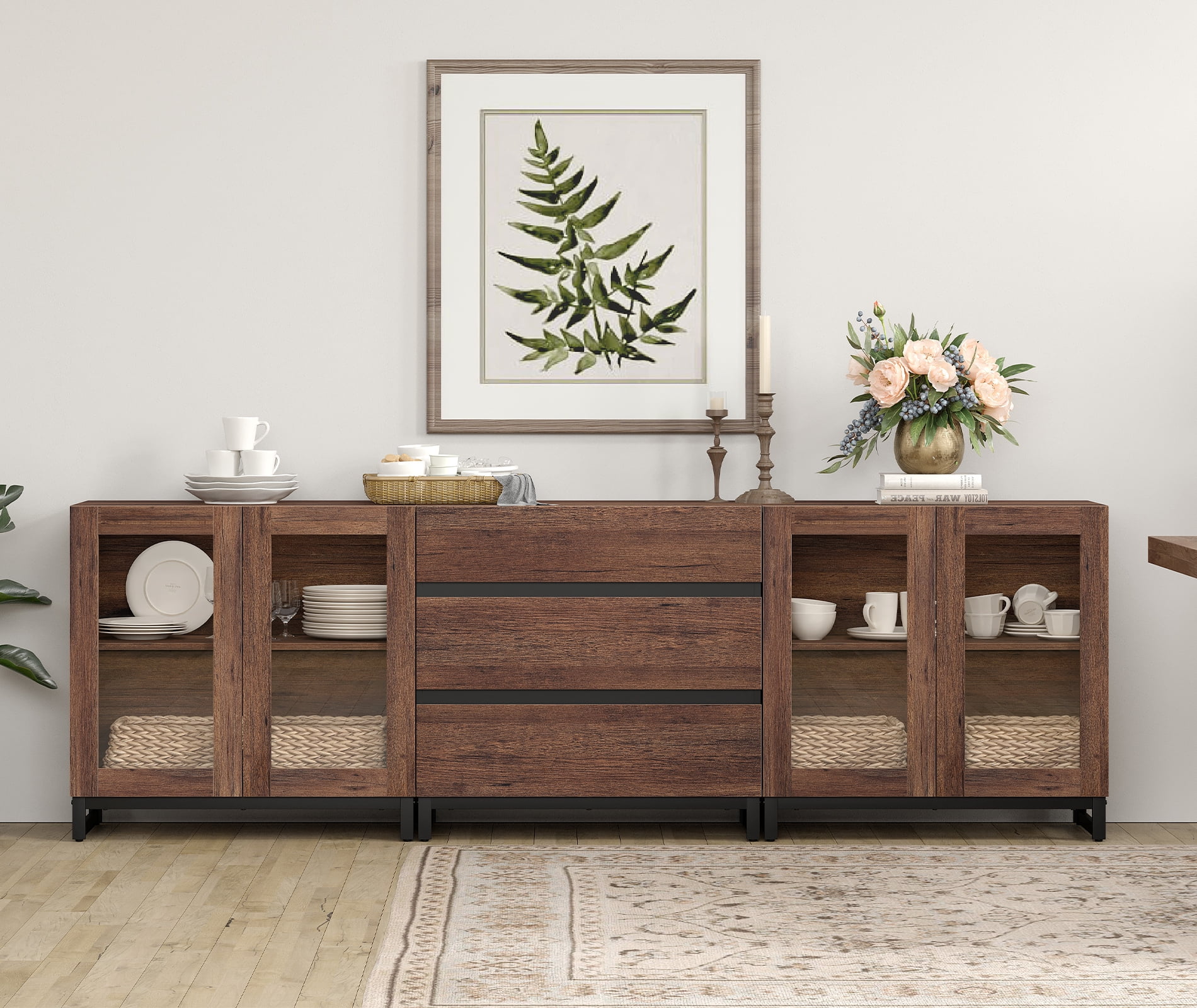 3 In 1 Modern Sideboard With Glass Doors And 3 Drawers,Storage Cabinet With Adjustable Shelves for Living Room, Kitchen,Brown