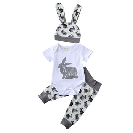 

Newborn Infant Baby Girls Boys My First Easter Short Sleeve Bunny Romper+Long Pants+Rabbit Ear Hat 3Pcs Pants Set
