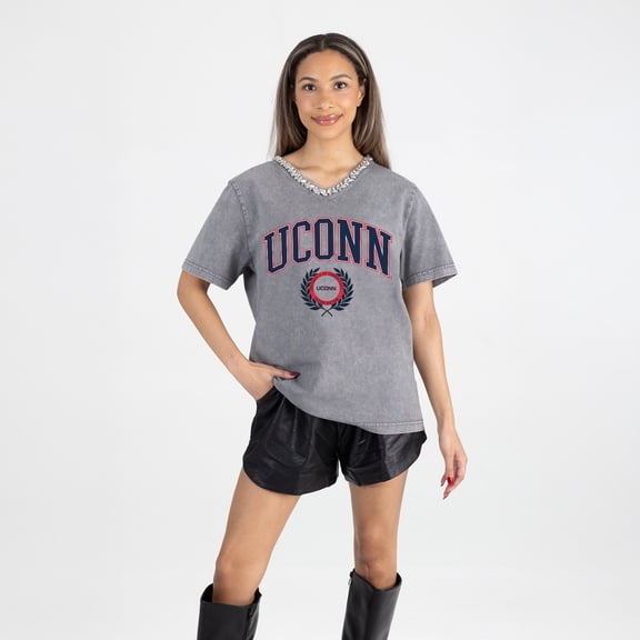 Women's Gameday Couture Gray UConn Huskies Iconic Edge Rhinestone V-Neck T-Shirt