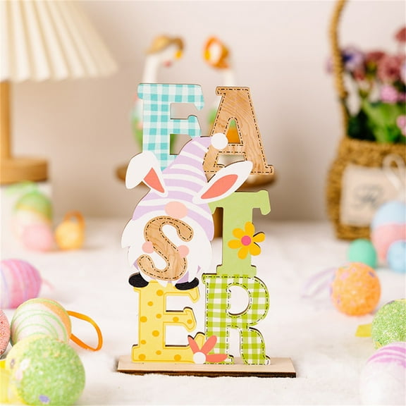 FYHALE Easter Gnomes Shape Wood Sign Cute Standing Gnomes Easter Wood Crafts Easter Themed Freestanding Table Decorations for Desk Office Home Party (Gnome and Rabbit)