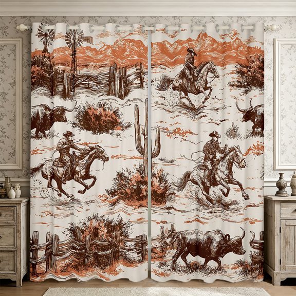 Manfei Rustic Cowboy Blackout Curtains,Western Cactus Window Curtains Pack of 2 (38x45 Each),Orange Brown