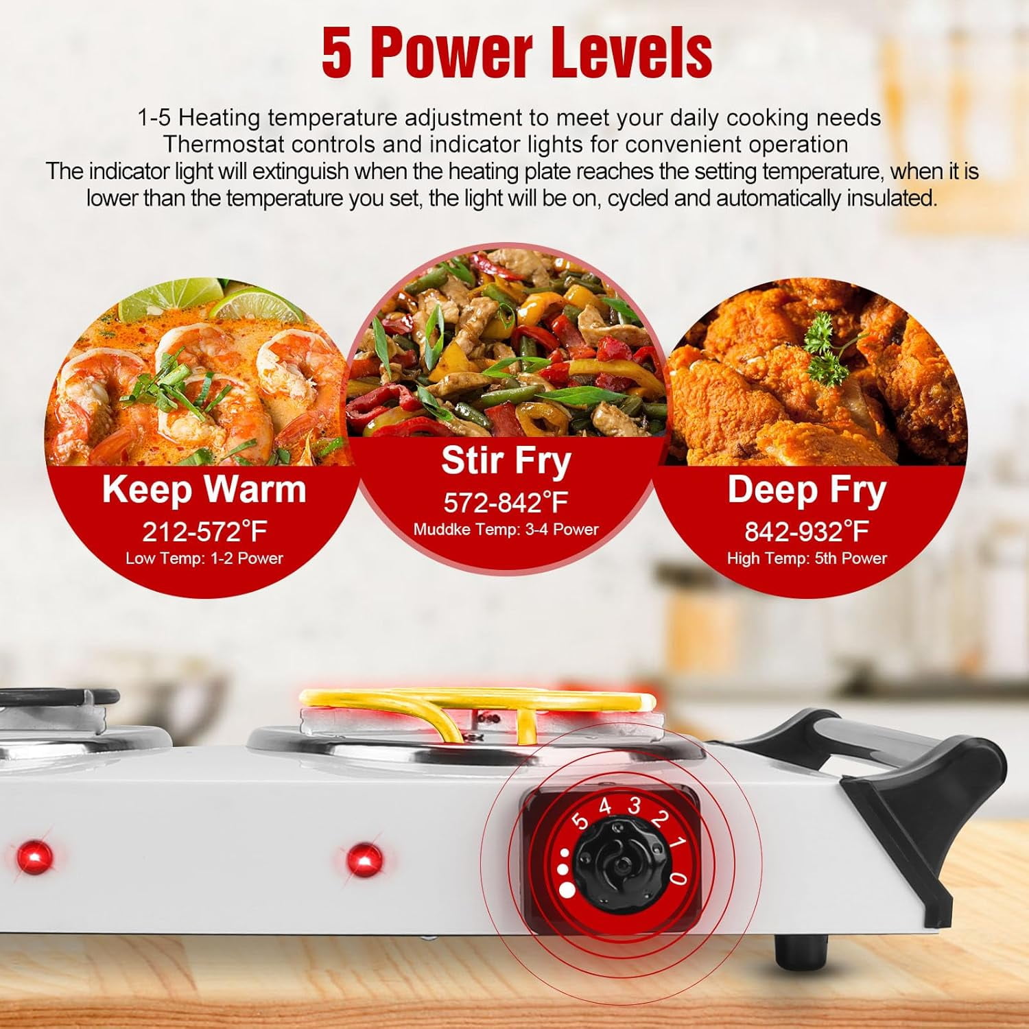 DICEEVIL Electric Double Burner, 2000W Portable Electric Stove Countertop Double Burner, Hot Plate with Handles & Adjustable Temperature, Cooktop for Cooking, Home, Camp, White