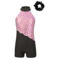 thumbnail image 3 of Doomiva Kids Girls Sleeveless Mock Neck Sequins Latin Jazz Ballet Dance Jumpsuit Biketard Unitard and Hair Scrunchies Pink&Black 12, 3 of 6