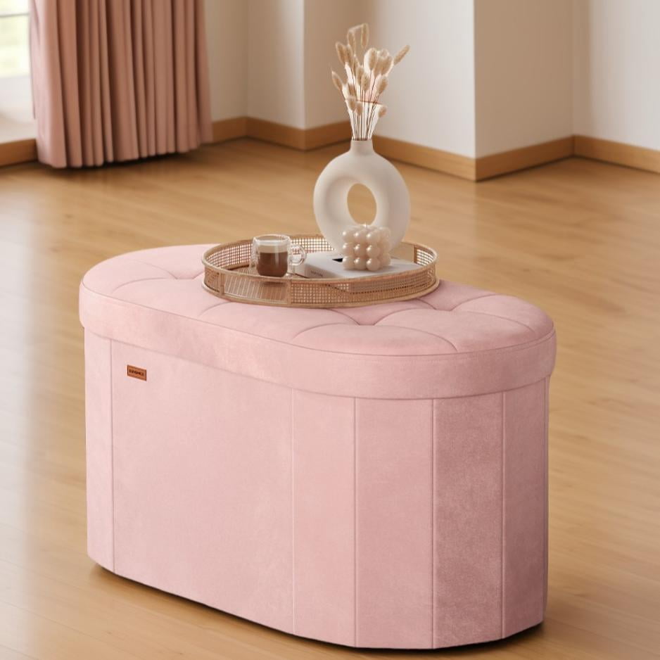 LEDREM 30" Foldable Storage Ottoman Bench, Velvet Fabric Ottoman with 2 Internal Dividers, Footrest for Bedroom Living Room, Jelly Pink