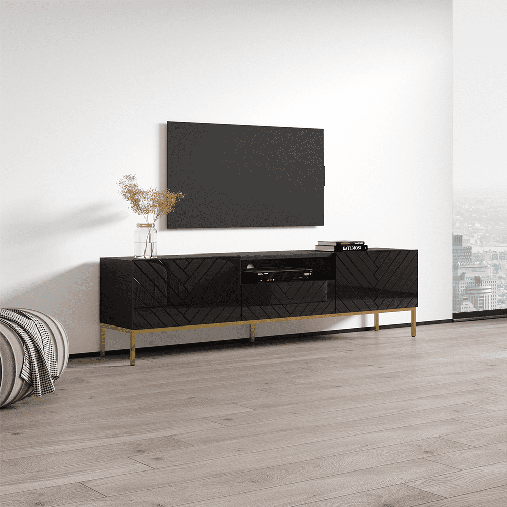 Gala 01 TV Stand for TVs up to 85", Mid-Century Modern High Gloss 75" Entertainment Center, TV Media Console with Storage Cabinets