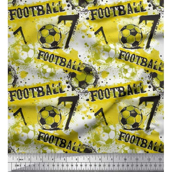 Soimoi Yellow Silk Fabric Brush Stroke & Football Men Print Fabric by the Yard 42 Inch Wide