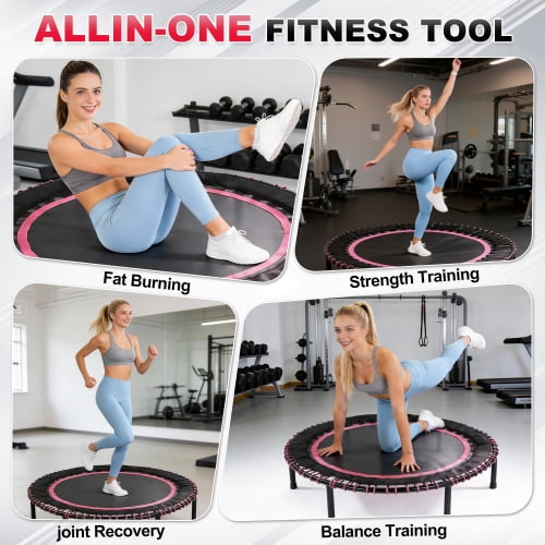 48 Inch Springless Mini Fitness Trampoline for Adults & Kids, 450lbs Capacity Quiet Rebounder with Bungee Ropes, Low Impact Indoor/Outdoor Exercise Equipment, Cardio Jumping Trainer for Home Gym Pink