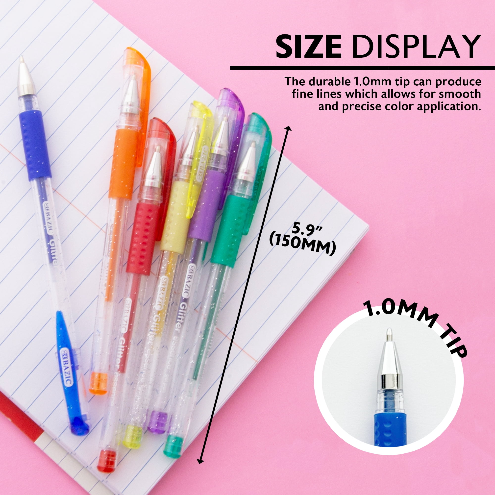 BAZIC Essence Gel Pen 1.0mm Glitter Color, Comfort Grip, (6/Pack), 24-Pack
