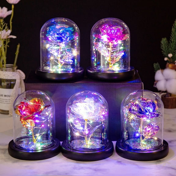 SugarBloom Artificial Rose Flowers with Glass Dome and LED Light for Valentine's Day Gift Small Size,Red