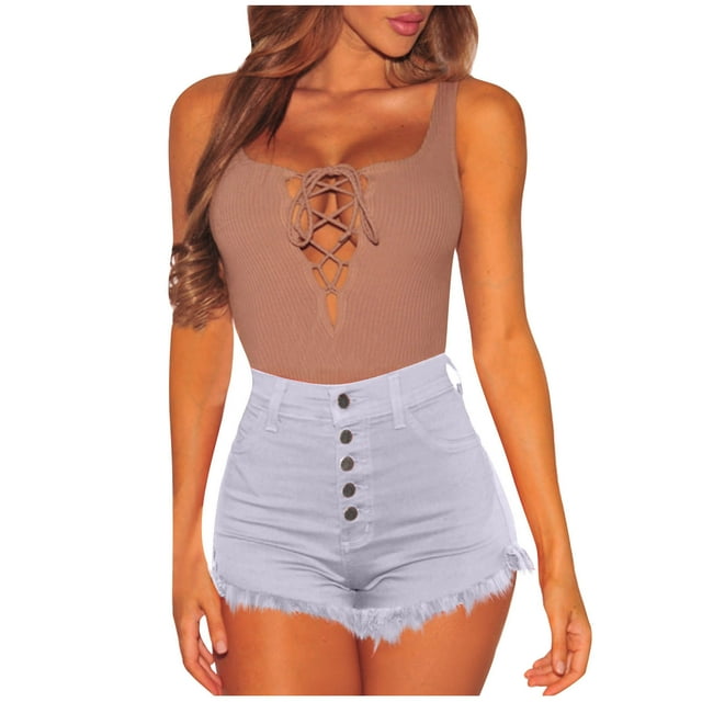 jovatis Shorts pour Femmes Shorts d'Été Décontractés Mode à Boutons Unis à Franges en Denim