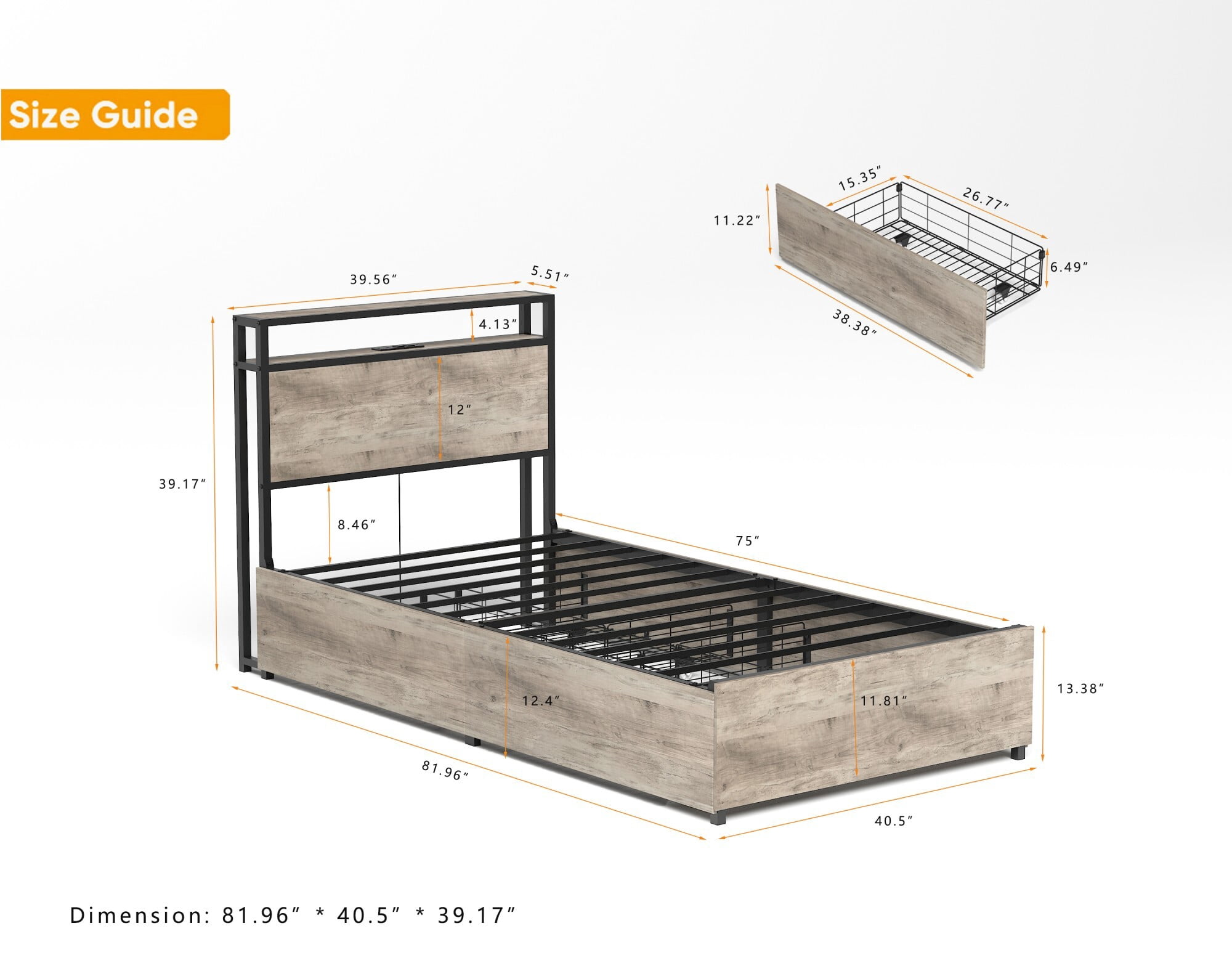 AENKYO Twin Size Bed Frame with 4 Storage Drawers, Headboard with Charging Station, RGB LED Lights, Wash Gray