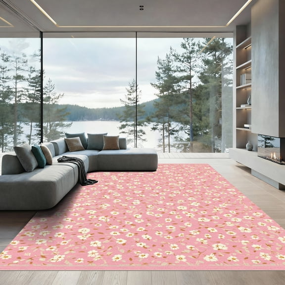 ODIKA 4'x6' Machine Washable Non-Slip Area Rug, Cottagecore Blush Pink High Traffic Rug, Pink, 1085843