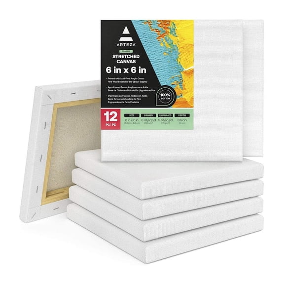 Arteza Stretched Canvas Pack, 6" x 6", Blank Canvas Boards for Painting, 12 Pack