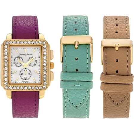 Journee Collection Women's Rhinestone Goldtone Faux Leather Square Face Interchangeable Strap Fashion Watch Set