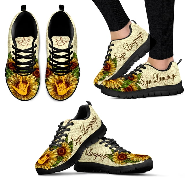 Classic Sunflower Flower Design Sign Language Print Lightweight Lace-up Outdoor Shoes Comfortable Platform Sneakers
