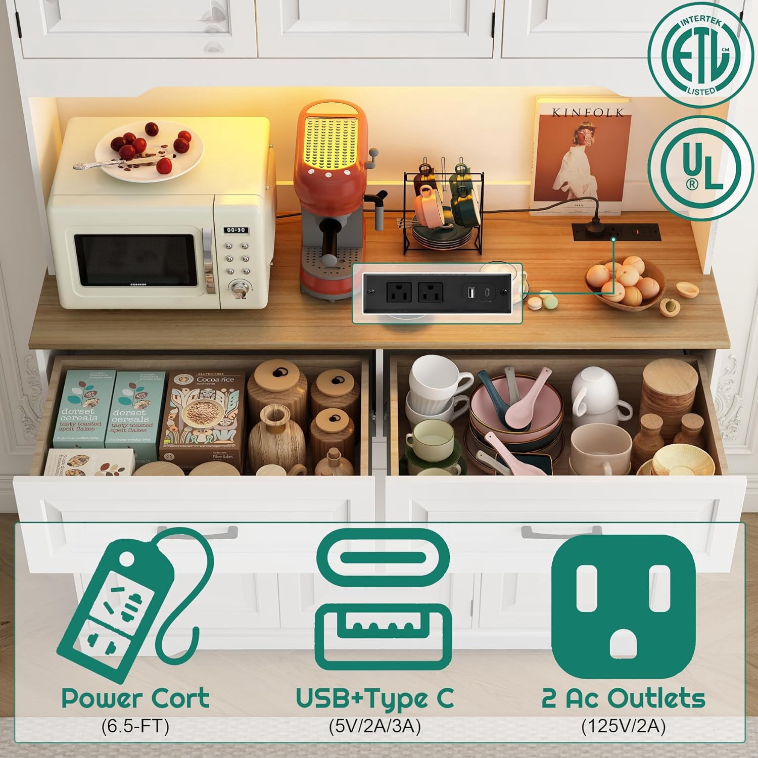 71" Tall Kitchen Pantry Cabinet with 6 Doors Shelves & Led Lights & Charge Station, 47" Wide Freestanding Farmhouse Cupboard with 2 Drawer,6 Doors Storage,Adjustable Shelves,Open Countertop, White