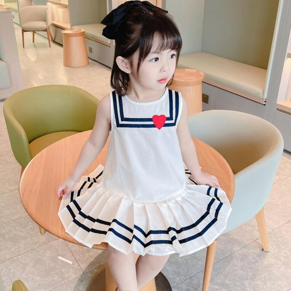 Kids Baby Girls Sleeveles Cotton Dresses Toddler Preppy Navy Style Skirt Clothes 