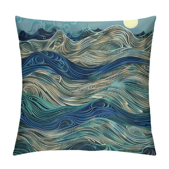 Creowell  Wave Pillows Ocean Sea Water Gradient Blue Beach Waves Lines Stripes Throw Pillow Cover Decorative Pillow Case Square Cushion Accent Home Multi-Size