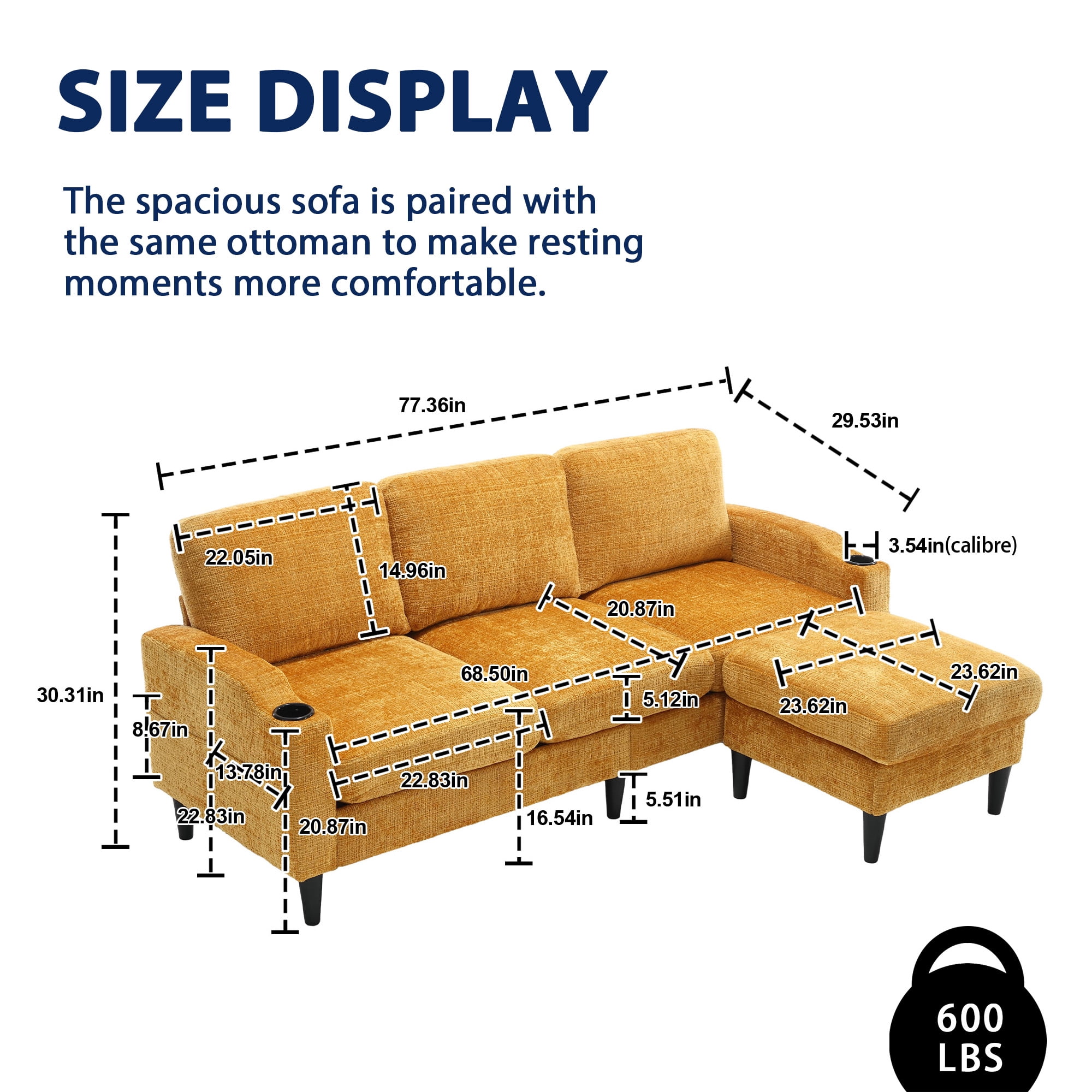 MOONMISS Chenille Upholstered L-Shaped Living Room Sofa with Storage Ottoman-Yellow