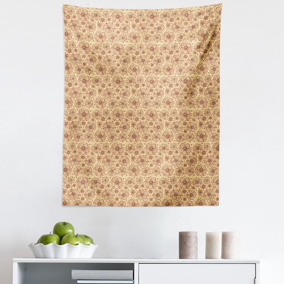 Floral Tapestry, Hand Drawn Style Blossoms with Little Dots and Spirals Nature Inspired Art, Fabric Wall Hanging Decor for Bedroom Living Room Dorm, 5 Sizes, Ruby Pale Yellow, by Ambesonne