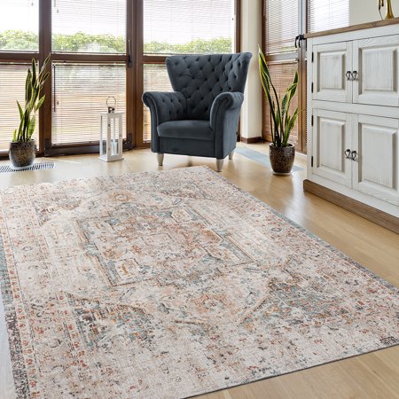 Hereke Turkish Rugs - LR Home Antiquity 5x7 Cream / Blush Transitional Distressed Border Faded Turkish Area Rug