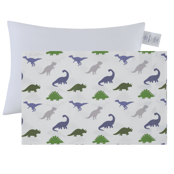100% Cotton Toddler Pillow & Pillowcase 13x18, for toddler beds, daycare, travel, and sleepovers, Dinosaurs