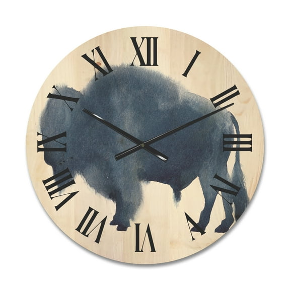 Designart 'Navy Blue Bison Silhouette On White' Farmhouse Wood Wall Clock