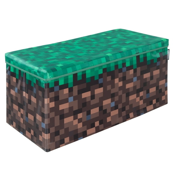 Minecraft: Bench Storage Box - Large - Pixel Grass Block, Collapsible Toy Storage w/ Lid, Footrest, 11.8 x 23.6 x 11.8", Game Theme Decor, Licensed